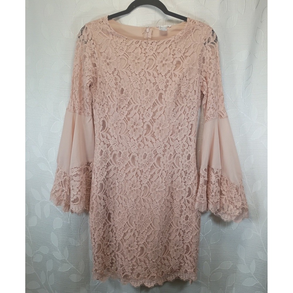 Venus Blush Pink Floral Lace Bell Sleeve Sheath Dress Size 6 Cocktail Event